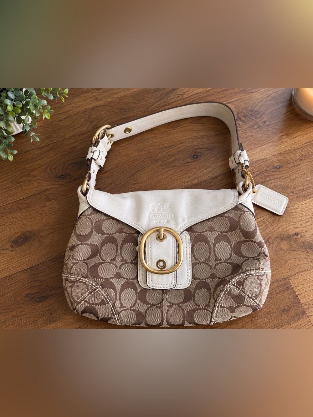 Coach Signature Canvas Small Hobo Bag in Khaki/White rare soho bleeker